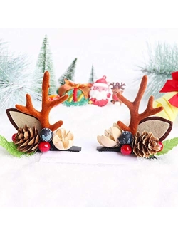 Aceorna Christmas Headband Reindeer Antlers Xmas Hair Clip Ball Flower Ring Antlers Hair Pins Bell Elk Deer Animal Horns Headpiece Deer Horn Ears and Berries Hairpin Chri