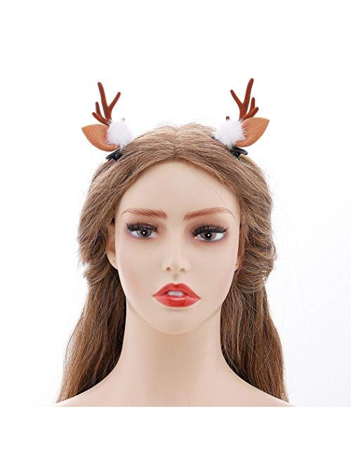 Aceorna Christmas Headband Reindeer Antlers Xmas Hair Clip Ball Flower Ring Antlers Hair Pins Bell Elk Deer Animal Horns Headpiece Deer Horn Ears and Berries Hairpin Chri