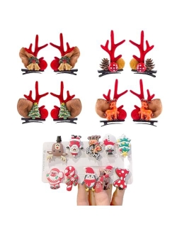 Kitenrom Christmas Hair Clips Set of 18 Pieces, 4 Pairs Christmas Antlers Hair Clip Hairpins with Reindeer Headband Horn Ear and 10 PCS Mini Clips Deer Xmas Santa Party H