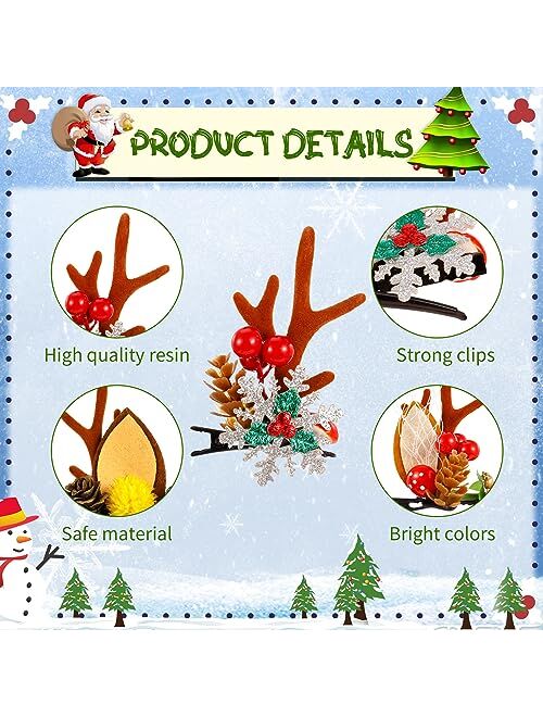 Guiqulai Christmas Hair Clips, 4 Pairs Christmas Reindeer Antler Hair Pins Deer Horns Ears Hairclips Christmas Hair Accessories for Women Girls Kids Adults and Party Favo