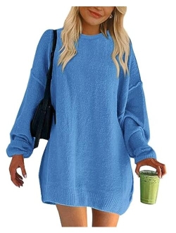 BTFBM 2023 Womens Sweaters Casual Crewneck Long Sleeve Oversized Sweater Dress Fall Winter Loose Slouchy Soft Pullover