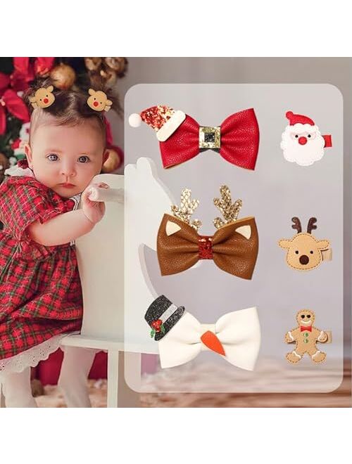 AnyDesign 9Pcs Christmas Clips Kit 3Pcs Large PU Bow Hair Pins 6pcs Small Santa Gingerbread Reindeer Hair Barrettes Cute Holiday Hair Accessories for Girls Women Kids Tod