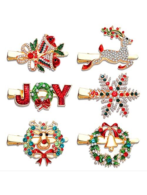 Phalin 6PCS Christmas Hair Clips for Women Xmas Snowflake Wreath Reindeer Bell Hairpins Rhinestone Holiday Hair Barrettes Festive Costume Hair Accessory Gifts (6PCS Xmas 