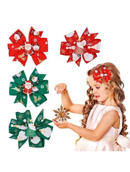 Ceoyiler 4 Pcs Christmas Hair Clips Christmas Bow Hair Clips Santa Claus Christmas Tree Bow Hair Clips for Girls Christmas Accessories