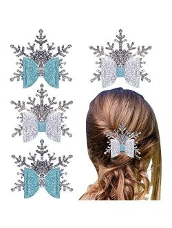 Whaline 4Pcs Christmas Snowflake Glitter Bow Hair Clips Blue Pu Leather Hairgrips Xmas Snowflake Hair Barrettes Sparkly Alligator Hair Clips for Girls Toddlers Teens Chri