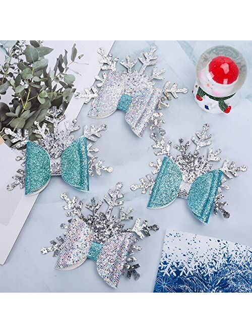 Whaline 4Pcs Christmas Snowflake Glitter Bow Hair Clips Blue Pu Leather Hairgrips Xmas Snowflake Hair Barrettes Sparkly Alligator Hair Clips for Girls Toddlers Teens Chri