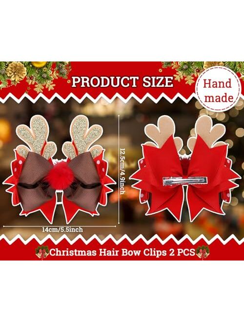 Whaline 2Pcs Christmas Reindeer Hair Bow Clips Glitter Antlers Ribbon Bow Hair Pins with Red Fluffy Nose Cute Holiday Hair Accessories for Xmas Birthday Gifts Cosplay Dra