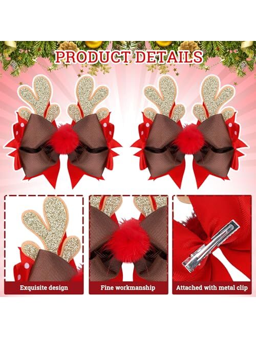 Whaline 2Pcs Christmas Reindeer Hair Bow Clips Glitter Antlers Ribbon Bow Hair Pins with Red Fluffy Nose Cute Holiday Hair Accessories for Xmas Birthday Gifts Cosplay Dra