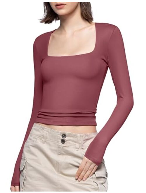 PUMIEY Women's Square Neck Long Sleeve T Shirts Slim Fit Tops Basic Tee Smoke Cloud Pro Collection