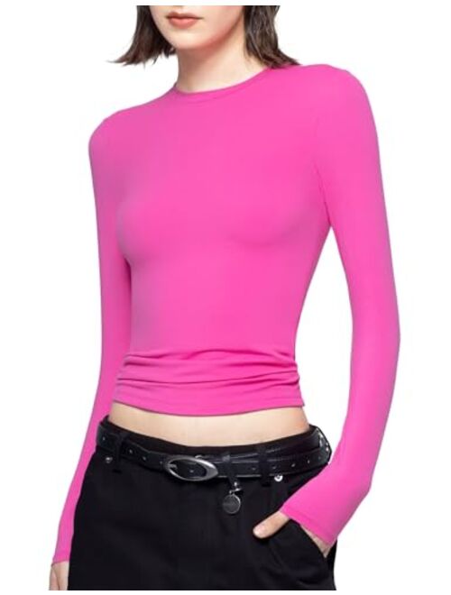 PUMIEY Women's Long Sleeve T Shirts Crew Neck Slim Fit Tops Sexy Basic Tee Smoke Cloud Pro Collection