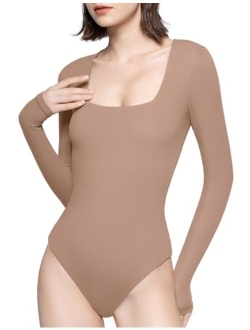 PUMIEY Women's Square Neck Long Sleeve Bodysuit Sexy Body Suit Tops Smoke Cloud Pro Collection