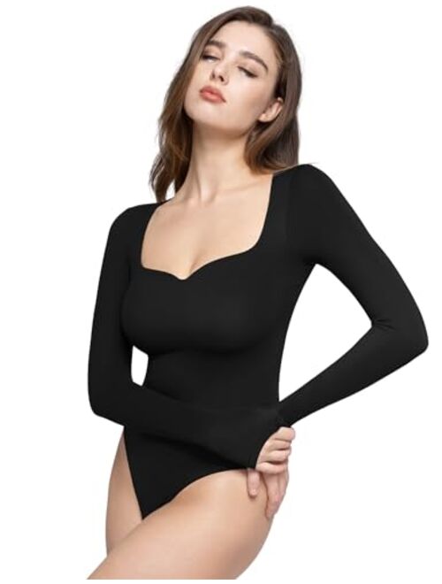 PUMIEY Women's Sweetheart Neck Long Sleeve Bodysuit Slimming Body Suit Going Out Tops Smoke Cloud Collection