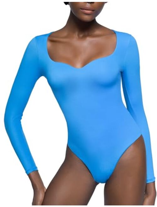 PUMIEY Women's Sweetheart Neck Long Sleeve Bodysuit Slimming Body Suit Going Out Tops Smoke Cloud Collection