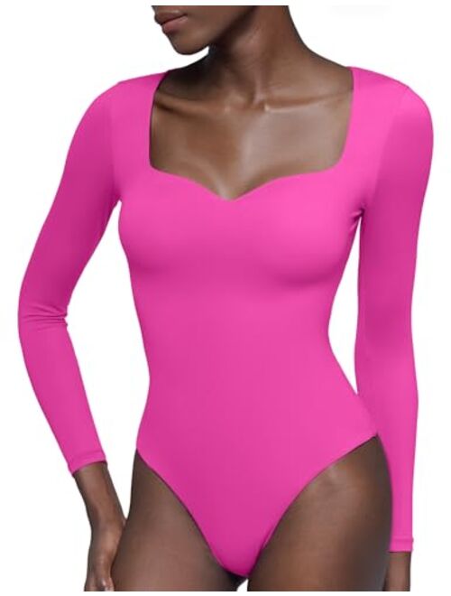 PUMIEY Women's Sweetheart Neck Long Sleeve Bodysuit Slimming Body Suit Going Out Tops Smoke Cloud Collection