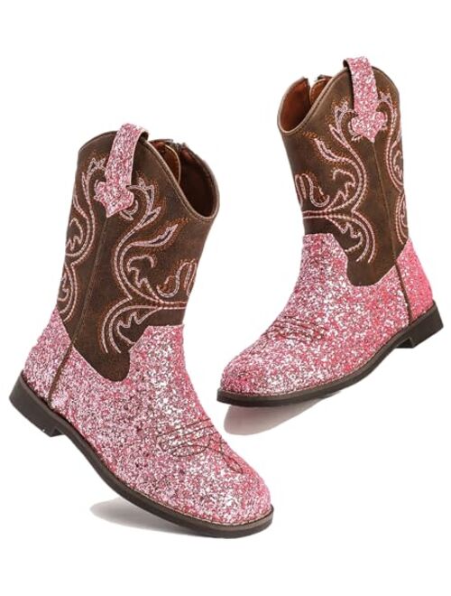 DADAWEN Kids Glitter Square Toe Cowgirl Boots Cowboy Western Boots Boys Girls Mid Calf Riding Shoes With Side Zipper
