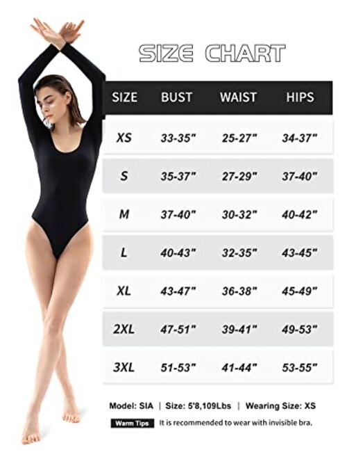 PUMIEY Women's Scoop Neck Long Sleeve Bodysuit Body-hugging Sexy Tops Smoke Cloud Collection