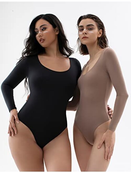 PUMIEY Women's Scoop Neck Long Sleeve Bodysuit Body-hugging Sexy Tops Smoke Cloud Collection