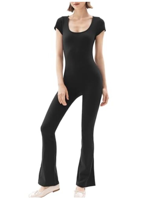 PUMIEY Flare Jumpsuits for Women Scoop Neck Short Sleeve Bodycon Casual Unitard Chill Collection