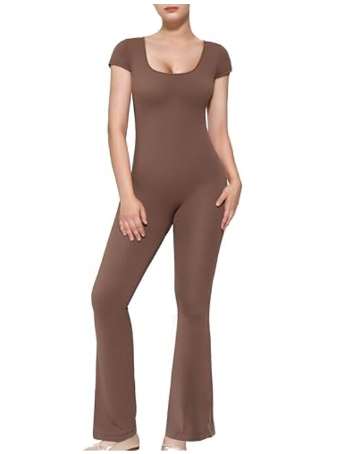 PUMIEY Flare Jumpsuits for Women Scoop Neck Short Sleeve Bodycon Casual Unitard Chill Collection