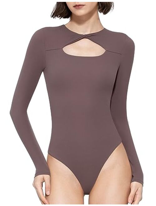 PUMIEY Women's Knot Front Long Sleeve Bodysuit Crew Neck Body Suits Sexy Tops Smoke Cloud Pro Collection