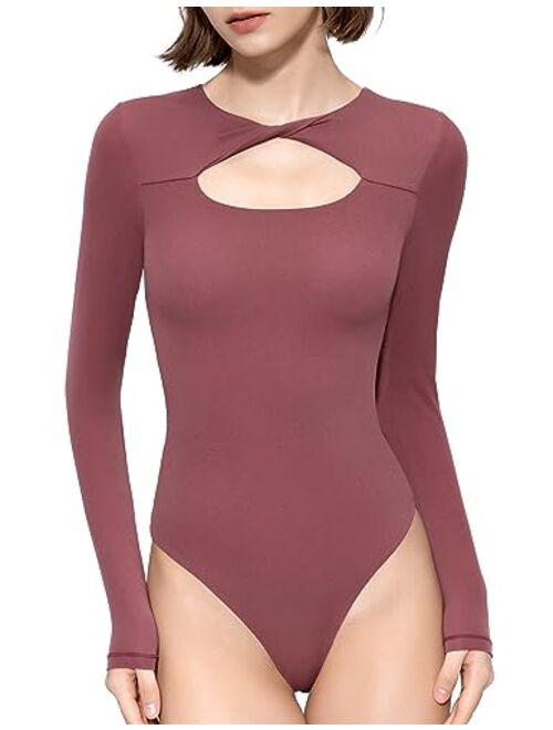 PUMIEY Women's Knot Front Long Sleeve Bodysuit Crew Neck Body Suits Sexy Tops Smoke Cloud Pro Collection