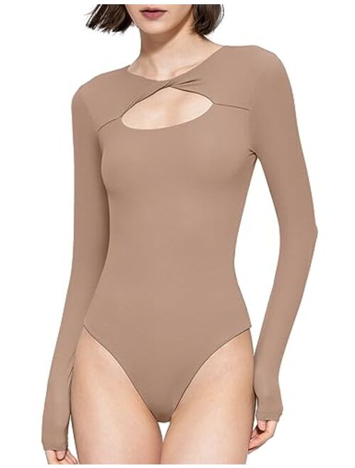 PUMIEY Women's Knot Front Long Sleeve Bodysuit Crew Neck Body Suits Sexy Tops Smoke Cloud Pro Collection