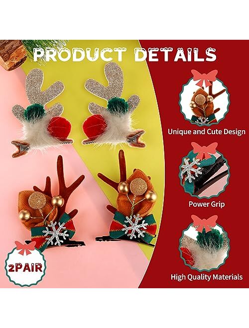 TIESOME Christmas Hair Clips, 4 PCS Xmas Hair Accessories Cute Reindeer Antlers Headband Ears Hair Accessory Antlers Headdress Hairpin for Women Girls Kids Adults and Par