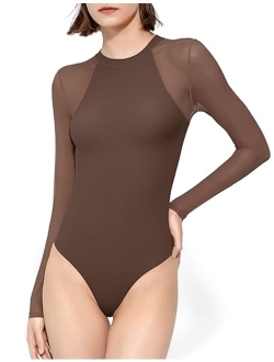 PUMIEY Mesh Long Sleeve Bodysuit for Women Crew Neck Body Suits Sexy Sheer Tops Smoke Cloud Pro Collection