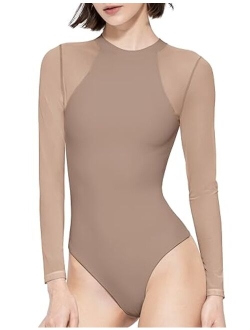 PUMIEY Mesh Long Sleeve Bodysuit for Women Crew Neck Body Suits Sexy Sheer Tops Smoke Cloud Pro Collection