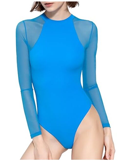 PUMIEY Mesh Long Sleeve Bodysuit for Women Crew Neck Body Suits Sexy Sheer Tops Smoke Cloud Pro Collection