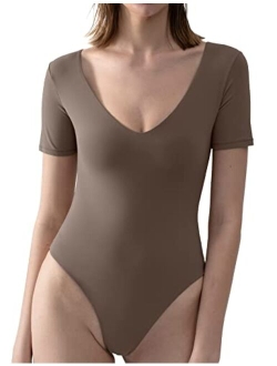 PUMIEY Women's V Neck Short Sleeve Bodysuit Sexy Tops Sharp Collection