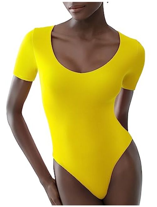 PUMIEY Women's V Neck Short Sleeve Bodysuit Sexy Tops Sharp Collection