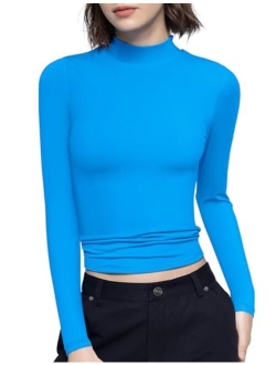 PUMIEY Women's Long Sleeve T Shirts Mock Turtleneck Slim Fit Tops Sexy Basic Tee Smoke Cloud Pro Collection