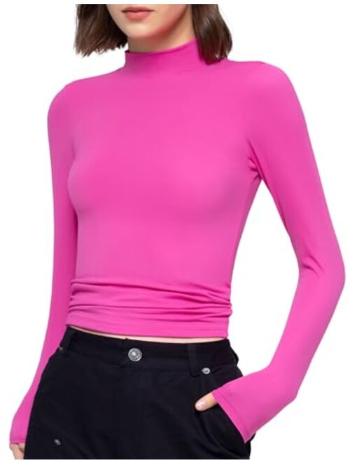 PUMIEY Women's Long Sleeve T Shirts Mock Turtleneck Slim Fit Tops Sexy Basic Tee Smoke Cloud Pro Collection