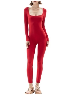 PUMIEY Jumpsuits for Women Square Neck Long Sleeve Bodycon Unitard One Piece Outfits Chill Collection