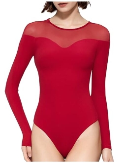 PUMIEY Mesh Bodysuit for Women Crew Neck Long Sleeve Body Suits Sexy Sheer Tops Smoke Cloud Pro Collection