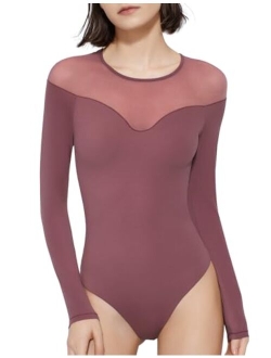 PUMIEY Mesh Bodysuit for Women Crew Neck Long Sleeve Body Suits Sexy Sheer Tops Smoke Cloud Pro Collection