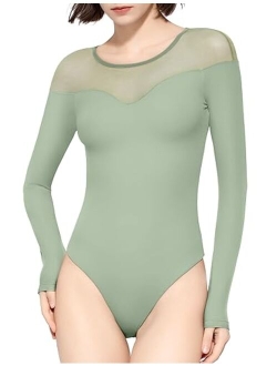 PUMIEY Mesh Bodysuit for Women Crew Neck Long Sleeve Body Suits Sexy Sheer Tops Smoke Cloud Pro Collection