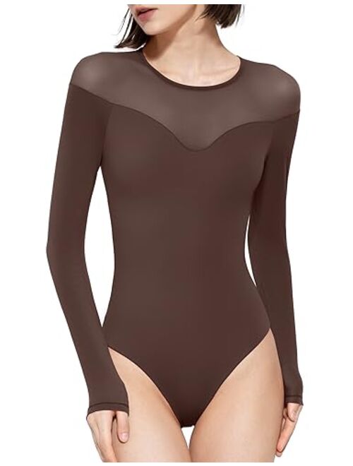 PUMIEY Mesh Bodysuit for Women Crew Neck Long Sleeve Body Suits Sexy Sheer Tops Smoke Cloud Pro Collection