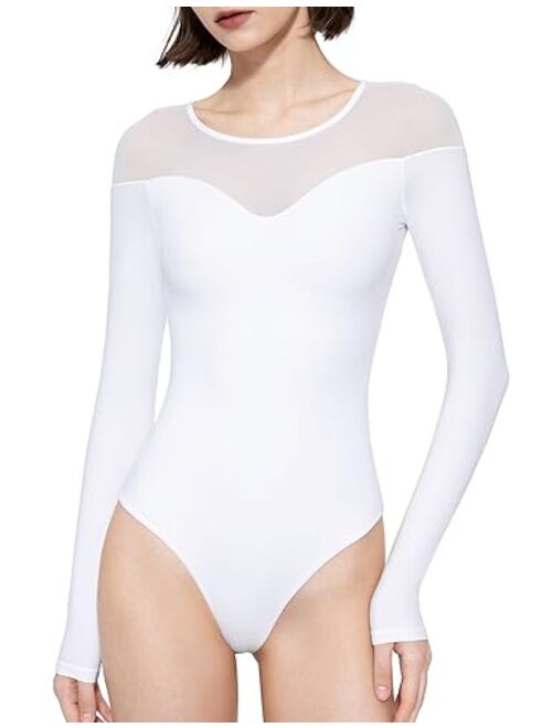 PUMIEY Mesh Bodysuit for Women Crew Neck Long Sleeve Body Suits Sexy Sheer Tops Smoke Cloud Pro Collection