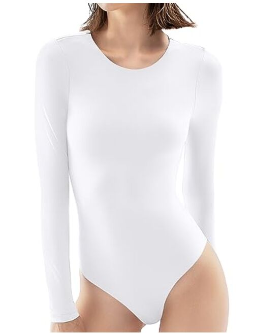 PUMIEY Women's Crew Neck Long Sleeve Bodysuit Second-skin Feel Tops Smoke Cloud Collection