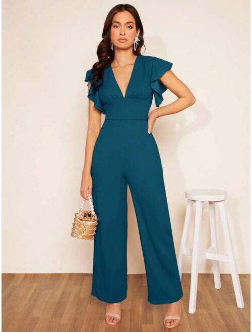 SHEIN Clasi Plunging Neck Butterfly Sleeve Jumpsuit