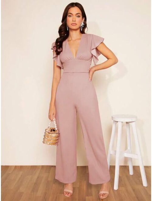 SHEIN Clasi Plunging Neck Butterfly Sleeve Jumpsuit