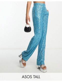 Tall straight sequin ankle grazer pants in turquoise