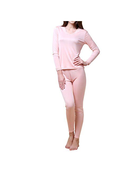 Paradise Silk Pure Silk Knit Women Double Jersey Lace V Neckline Long Johns Set