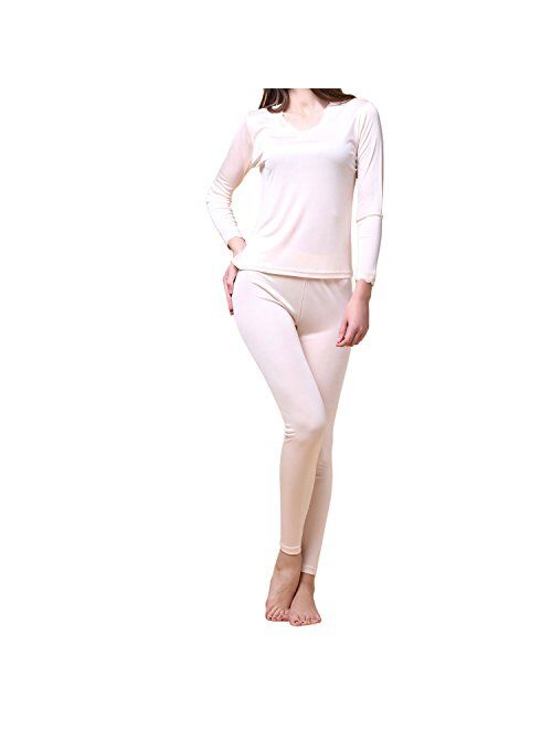 Paradise Silk Pure Silk Knit Women Double Jersey Lace V Neckline Long Johns Set