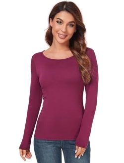 AUHEGN Women's Scoop Neck Tops Long Sleeve Slim Fit T Shirt Thermal Blouse Basic Layer Shirts