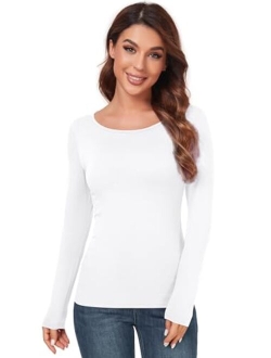 AUHEGN Women's Scoop Neck Tops Long Sleeve Slim Fit T Shirt Thermal Blouse Basic Layer Shirts