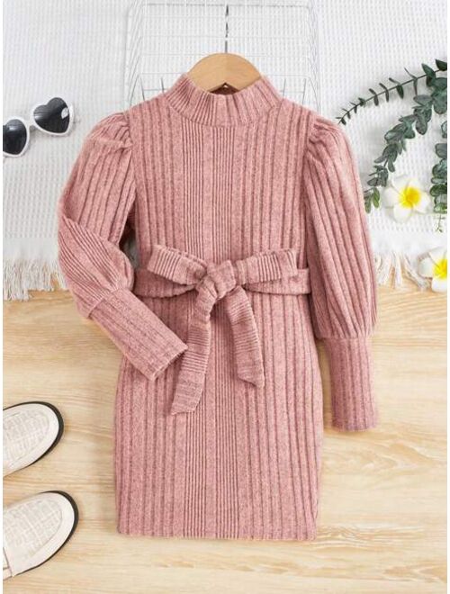 SHEIN Kids Cooltwn Young Girl Mock Neck Lantern Sleeve Belted Dress