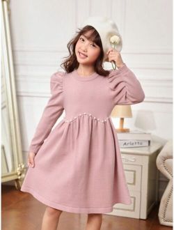 Young Girl Pearls Beaded Gigot Sleeve Sweater Dress